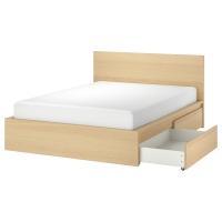MALM Rama łóżka z 2 pojemnikami, okleina dębowa bejcowana na biało, 160x200 cm