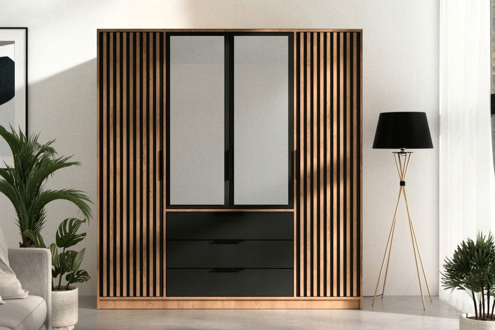 Bali Lux D4 Шкаф Дуб вотан/чёрный/зеркало (Польша)
