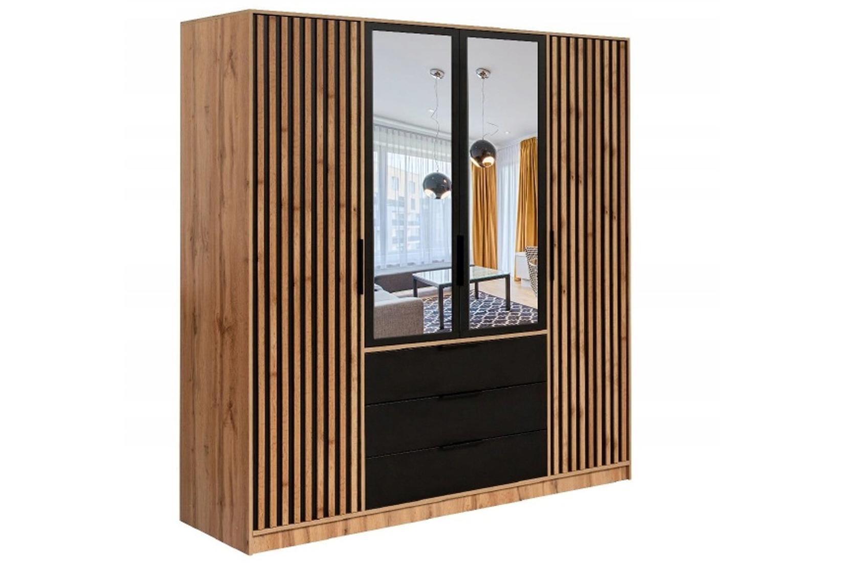 Bali Lux D4 Шкаф Дуб вотан/чёрный/зеркало (Польша)