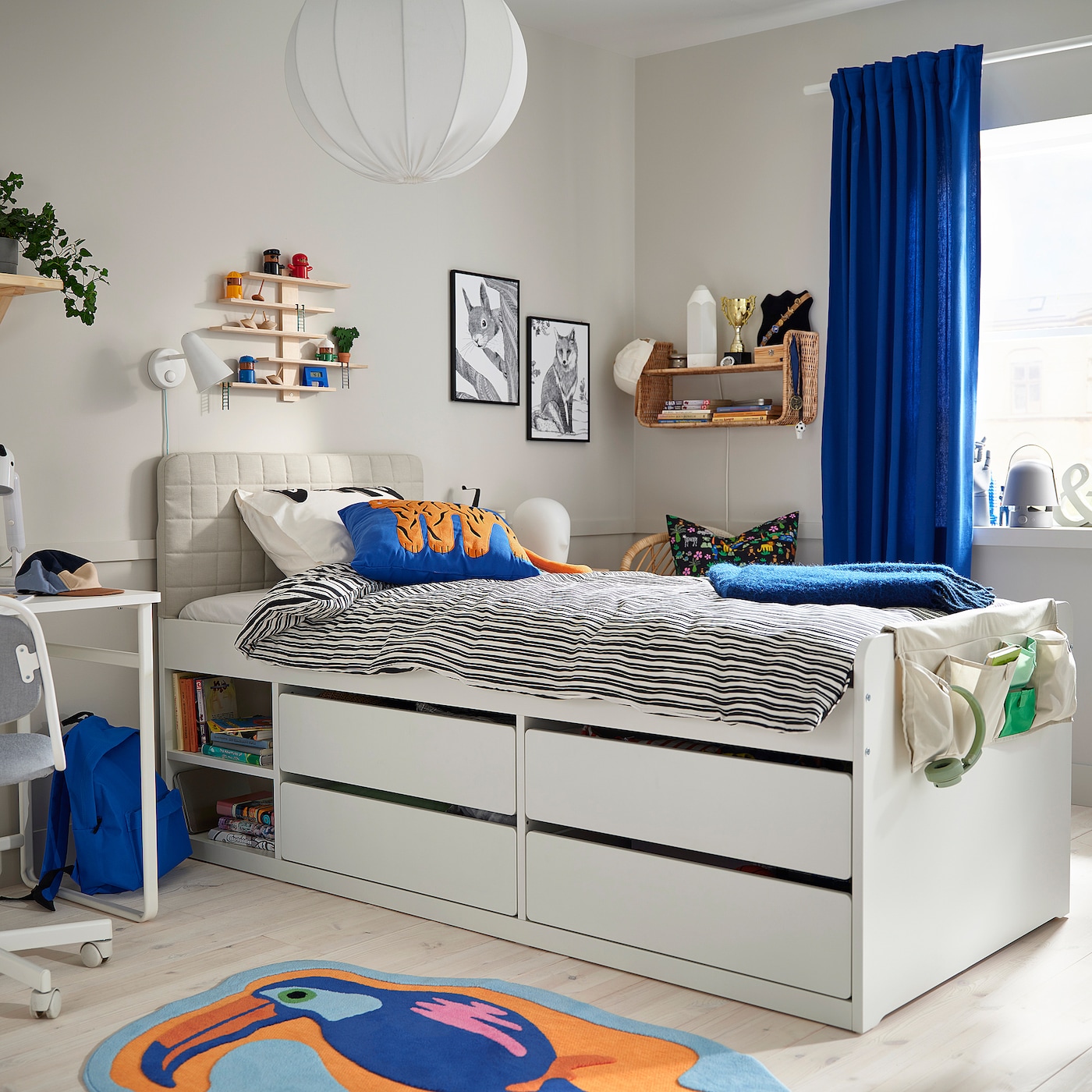 SLÄKT Rama łóżka z pojemnikami, z zagłówkiem/Vissle beżowy, 90x200 cm