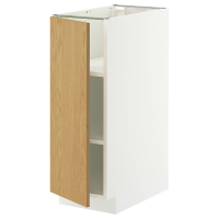 To zdjęcie przedstawia białą szafkę METOD z drzwiami z jasnego drewna i regulowanymi półkami.