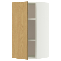Biała szafka ścienna METOD z drzwiami w kolorze jasnego dębu otwierają się, odsłaniając dwie szklane półki w środku.