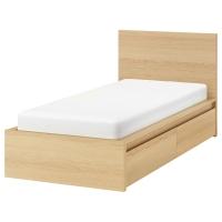 MALM МАЛЬМ Каркас кровати+2 кроватных ящика, дубовый шпон, беленый 90x200 см