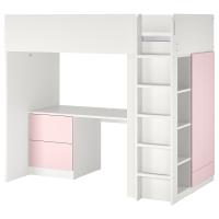 SMÅSTAD Кровать-антресоль, белая бледно-розовая/со столом с 3 ящиками, 90 х 200 см
