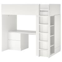 SMÅSTAD Кровать-антресоль, белый/белый/стол с 3 ящиками, 90 х 200 см