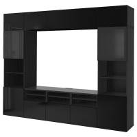 BESTÅ Шкаф для ТВ, комбинация/стеклянные дверцы, черно-коричневый/Сельсвикен глянцевый/черное прозрачное стекло 300x42x231 см