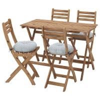 ASKHOLMEN Стол + 4 складных садовых стула Серо-коричневая морилка/Клёсан синий