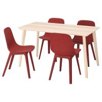 LISABO / ODGER Stół i 4 krzesła, okleina jesionowa/czerwony,